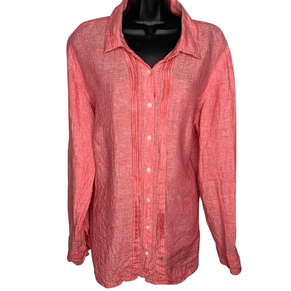 Talbot's Woman Button-up Red Linen Collared Shirt with Roll up Sleeve